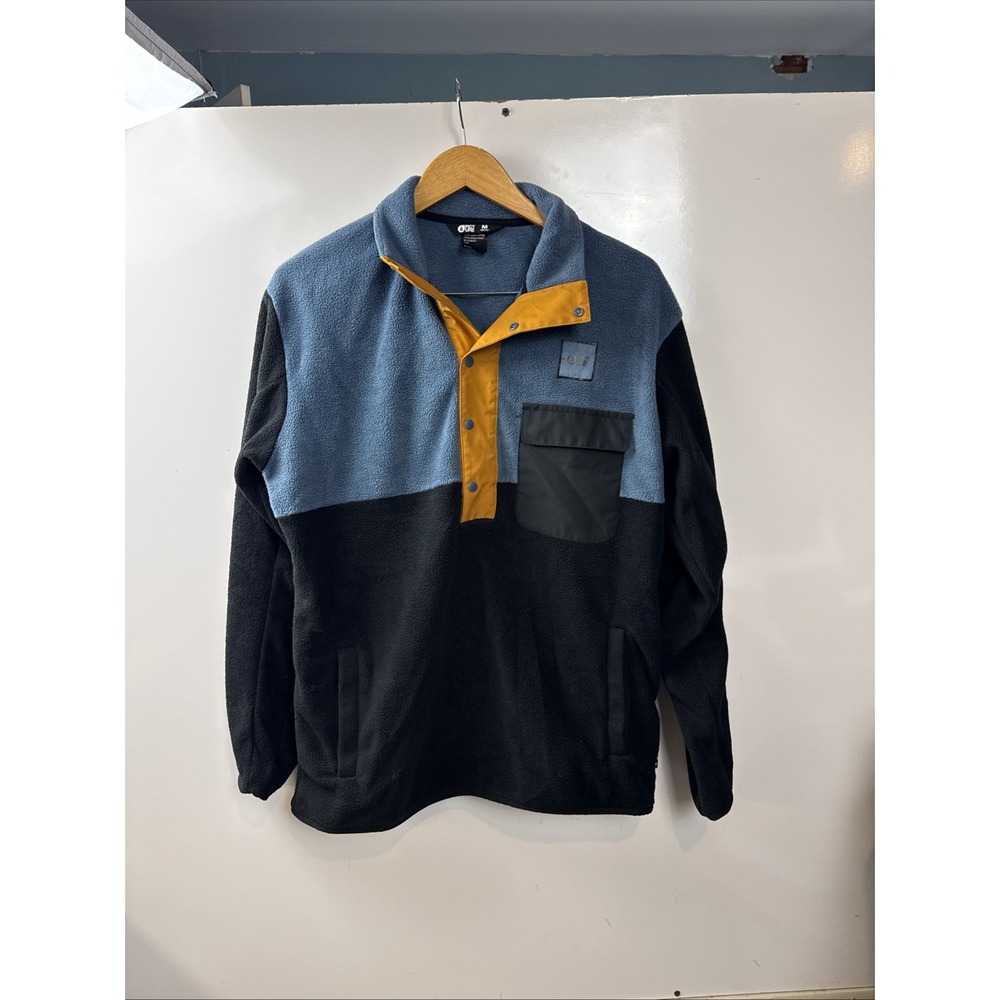 Picture Organic Men's Colorblock Fleece Jacket Black Blue Yellow Snap Closure M